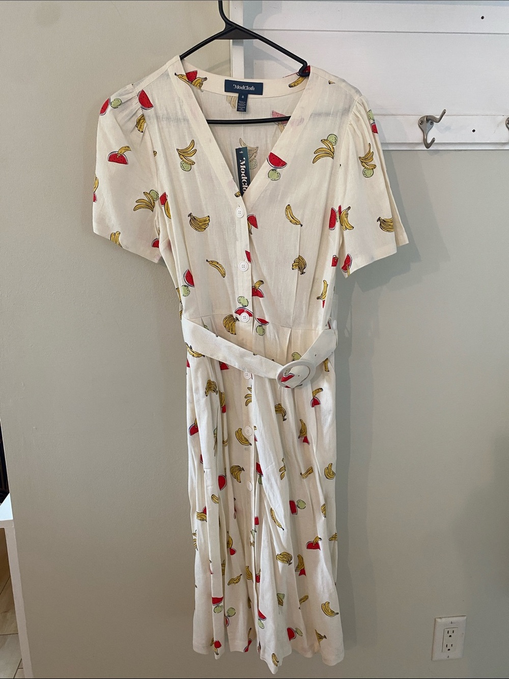 Cream Fruit-Print Midi Dress with Belt